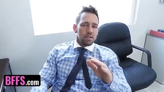 Three busty office ladies get fucked by the boss's stepson in a hardcore scene