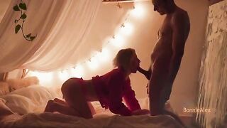 A couple enjoys a passionate and intimate moment together, finishing with a warm, homemade climax