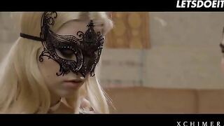 Blonde babe Misha Cross caught between two cocks in a passionate, erotic encounter