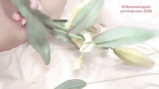 A girl in a floral dress has flowers put in her ass and gets fucked in the ass