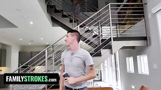 Step sister Sarah Bella with huge natural 34DD tits gets fucked by her two stepbrothers