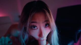 A sexy Asian teen, Raya Steele, gives me a blowjob and massages my cock