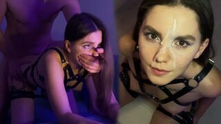 Hot brunette in harness, amazing cum on her face - just look at her!