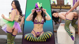 Petite Lulu Chu celebrates Mardi Gras by taking a huge cock in all positions