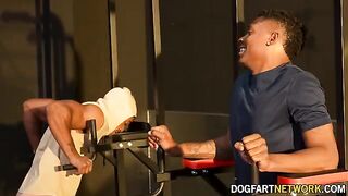 Kay Carter gets fucked by two black guys in gym