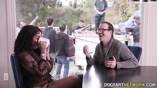 Ebony babe Paris The Muse gets her mouth full of BBC in a bukkake