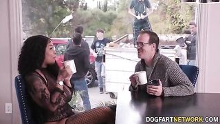 Ebony babe Paris The Muse gets her mouth full of BBC in a bukkake