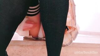 A nasty Japanese schoolgirl pees her panties and masturbates hard in public