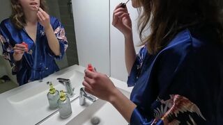 A French student gets fucked hard in the bathroom early in the morning
