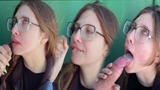 A blowjob in the middle of a lake with a cum shot