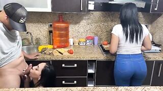 Appetizing 18-year-old stepsister cooking for her stepdad in the kitchen