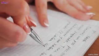 A hot girl squirts while teaching Spanish and playing with toys on her desk