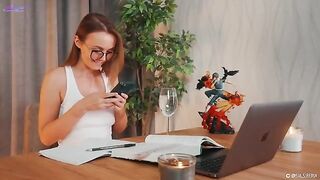A hot girl squirts while teaching Spanish and playing with toys on her desk
