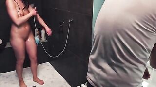 Handjob with a ruined orgasm and hot water shower