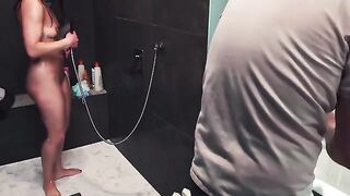 Handjob with a ruined orgasm and hot water shower