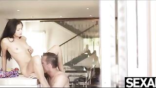 Petite brunette gets fucked hard on the kitchen table