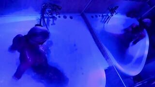 A blonde woman has sex toys in the bathroom and gets fucked hard