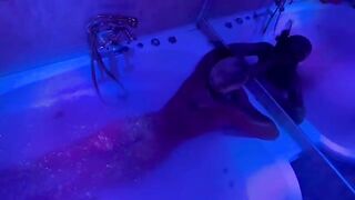 A blonde woman has sex toys in the bathroom and gets fucked hard