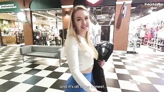Blonde with big ass fucks for money in the shopping mall toilet, a risky public encounter