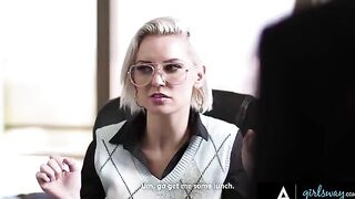 The boss, played by the stunning Kenzie Taylor, summons her employees to a meeting