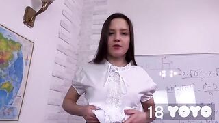 The cute girl came to the exam with her dildo