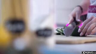Little Caprice plays a game with a man in the kitchen