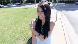 A pretty girl, Mia Hurley, shows her boobs to earn some money