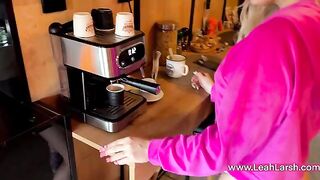 A hot blondie, Leah Meow, wants a strong coffee and a stiff cock