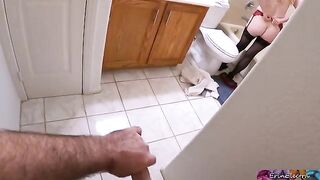 Stepmom undresses after work, getting ready to shower, as her stepson watches