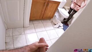 Stepmom undresses after work, getting ready to shower, as her stepson watches