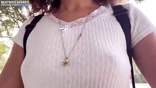 Public masturbation and hard orgasm with a stranger watching