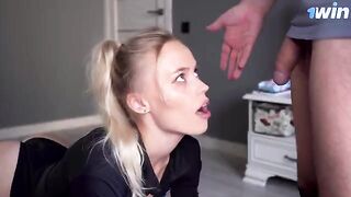 Horny stepmom saw my cock and sucked it, cum on her pussy