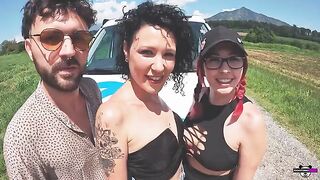 Foursome with Italian girls in a camper, real couples getting fucked outdoors