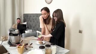 Two girls have a rest after cooking syrniki, getting intimate hard
