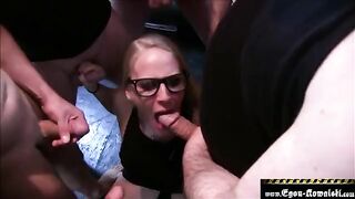 Hot German amateur girl Lara Cumkitten gets her mouth full of cum in a bukkake scene