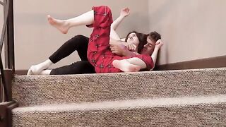 Perky stepsister with a sexy body plays tricks on her stepbrother on the stairs