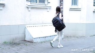 A cute girl has sex with a stranger in the fake hostel, getting cum on her tits