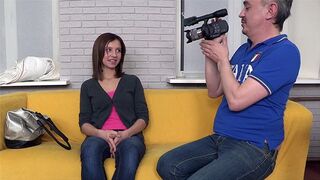 Brunette teen with small tits gets fucked on the couch at casting