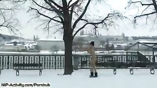 The beautiful French student showed her boobs and ass on the city streets