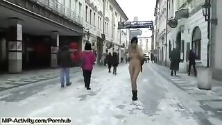 The beautiful French student showed her boobs and ass on the city streets