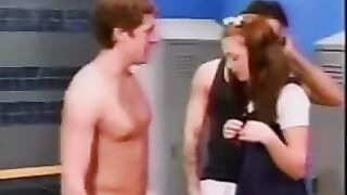 A cute school girl was distracted in the male locker room