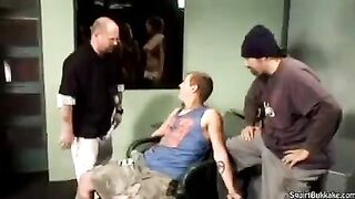 Bukakke in the mouth, a man's hot cum spurts out