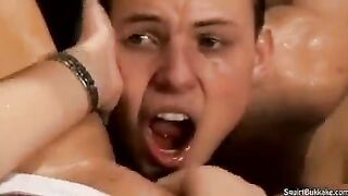 Bukakke in the mouth, a man's hot cum spurts out