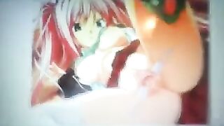As usual, a guy jerked his cock on the anime chick's pussy