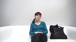 Red-haired beauty agreed to show nipples and blowjob skills at casting