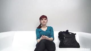 Red-haired beauty agreed to show nipples and blowjob skills at casting