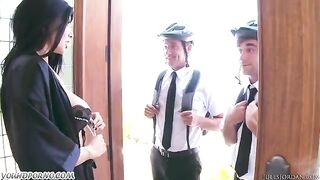 A hot girl was fucked by two Jehovah's witnesses in a steamy encounter