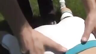 Busty brunette with beautiful tits gets cum on them