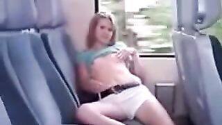 Irons wet pussy through panties on the bus back seat