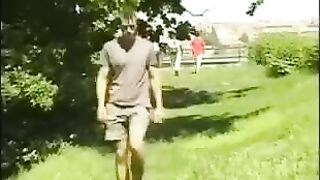 A man in the hayloft, masturbating his big cock with his hand